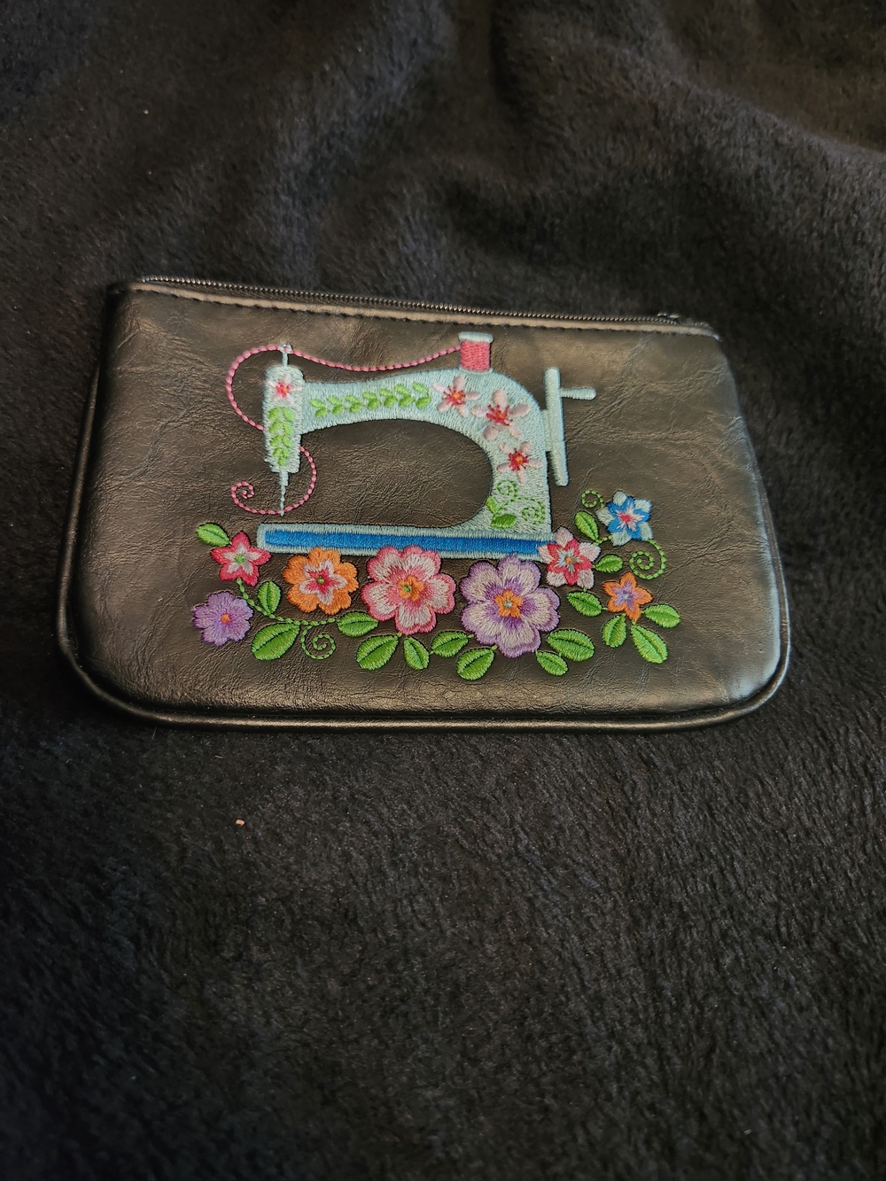 Embroidered Sewing Machine Cosmetic Pouch - Black